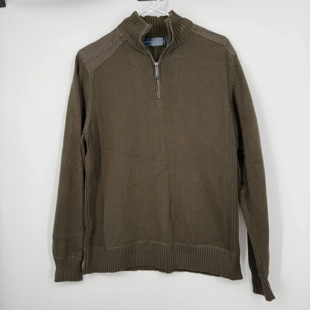 Oscar de la Renta Men Quarter Zip‎ Knit Sweater Olive Green Size L Preppy Office